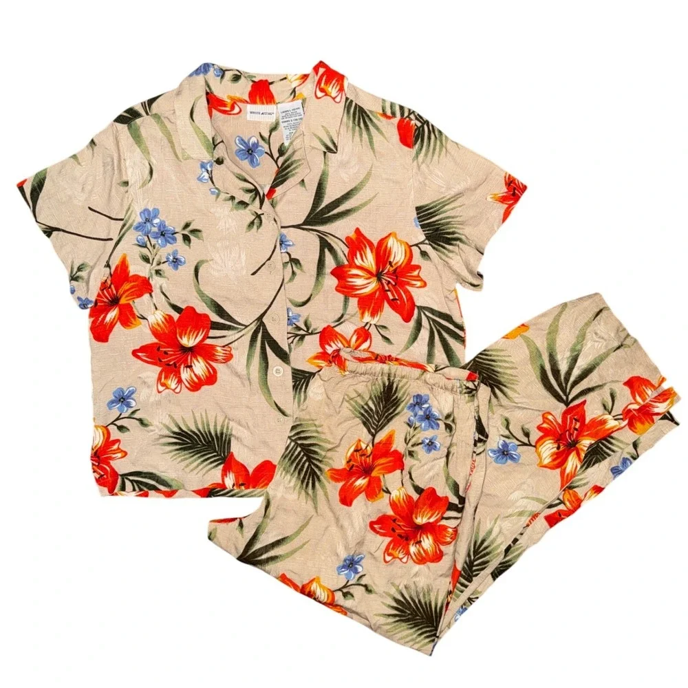 Y2K Matching Tropical Floral Pant Set Hawaiian Summer Retro Vacation Coastal - Picture 2 of 8
